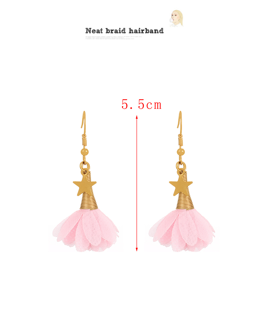 Fashion Pink Fabric Flower Fringe Titanium Steel Pentagram Drop Earrings,Drop Earrings