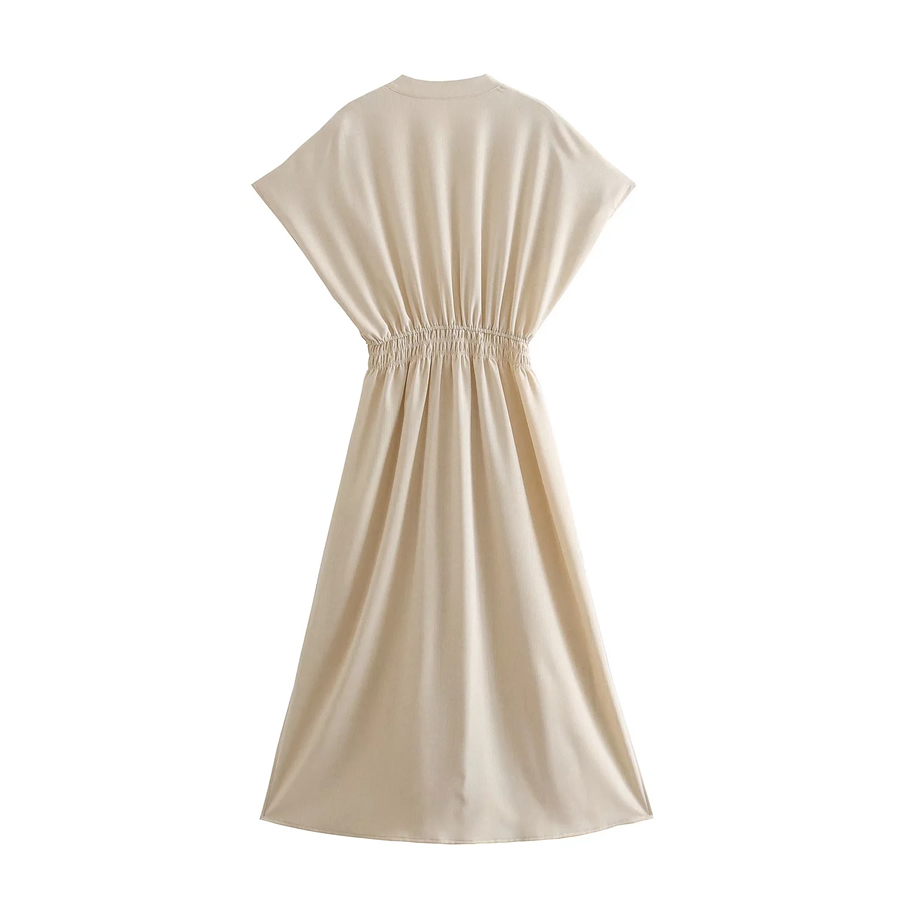 Fashion Beige Solid V-neck Pleated Dress,Long Dress