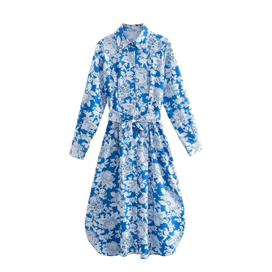Fashion Blue Floral Printed Lapel Tie Slit Dress,Long Dress