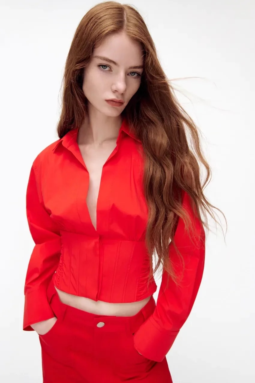 Fashion Red Lapel Long Sleeve Slightly Pleated Cropped Top,Blouses