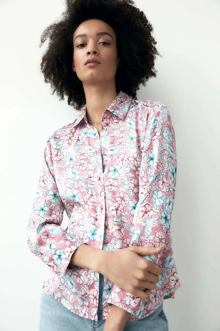 Fashion Pink Floral Printed Button-down Lapel Shirt,Blouses