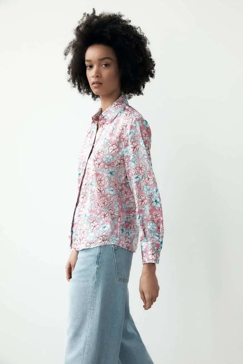 Fashion Pink Floral Printed Button-down Lapel Shirt,Blouses