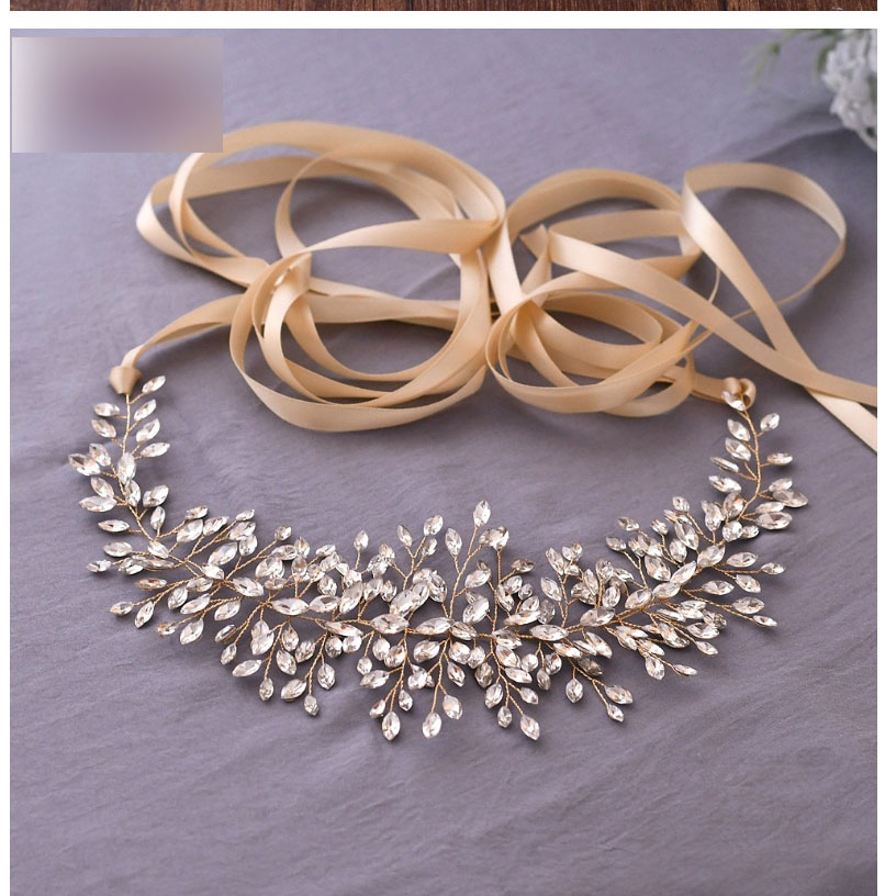 Fashion Gold With Off-white Ribbon Alloy Rhinestone Braided Organza Girdle,Thin belts