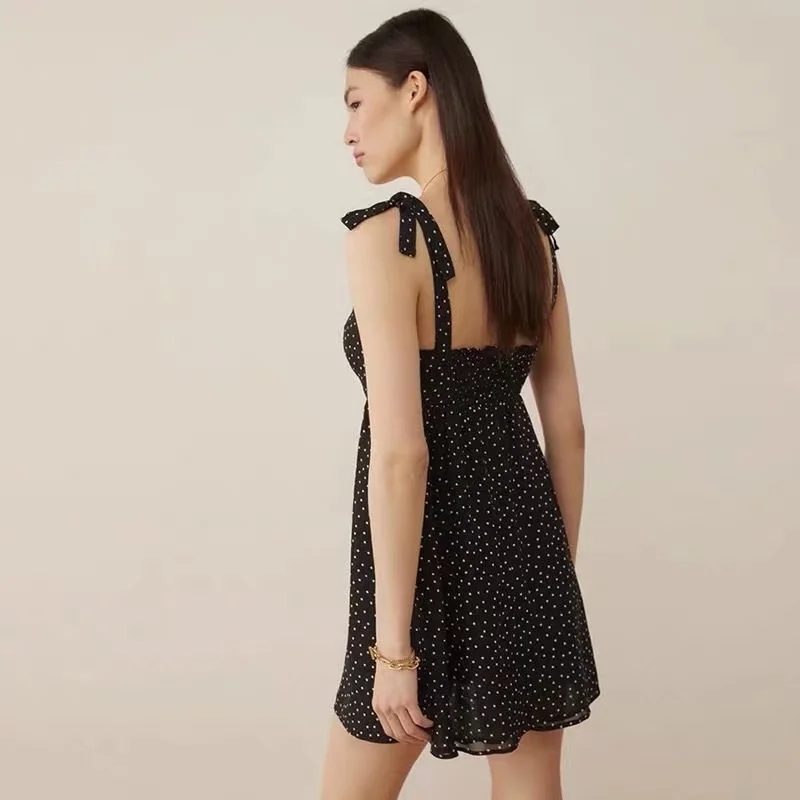 Fashion Black Woven Polka-dot Lace-up Slip Dress,Long Dress