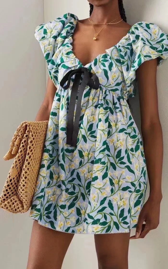 Fashion Resin Woven Print V-neck Sleeveless Dress,Mini & Short Dresses