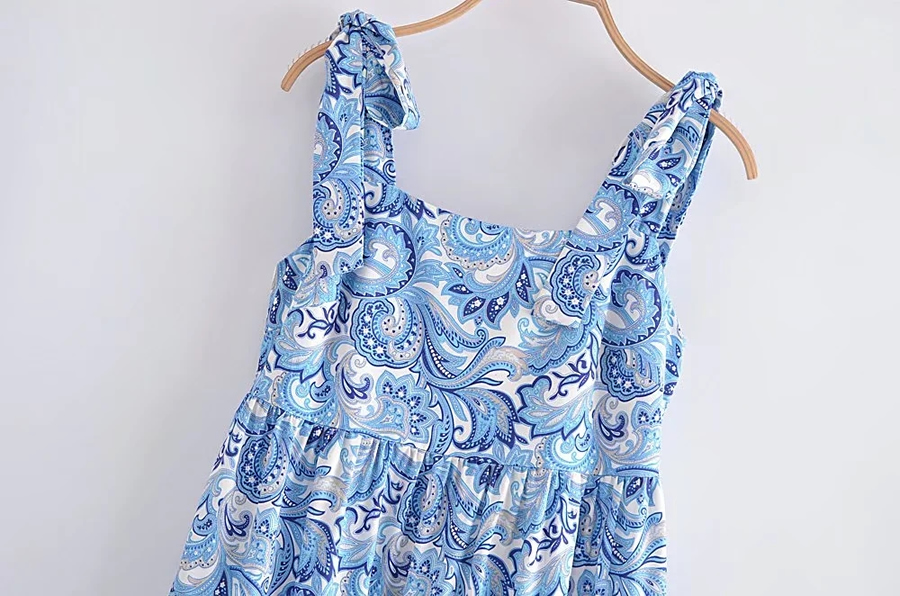 Fashion Blue Print Woven Print Lace-up Dress,Long Dress