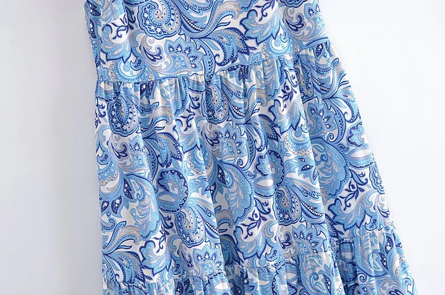 Fashion Blue Print Woven Print Lace-up Dress,Long Dress