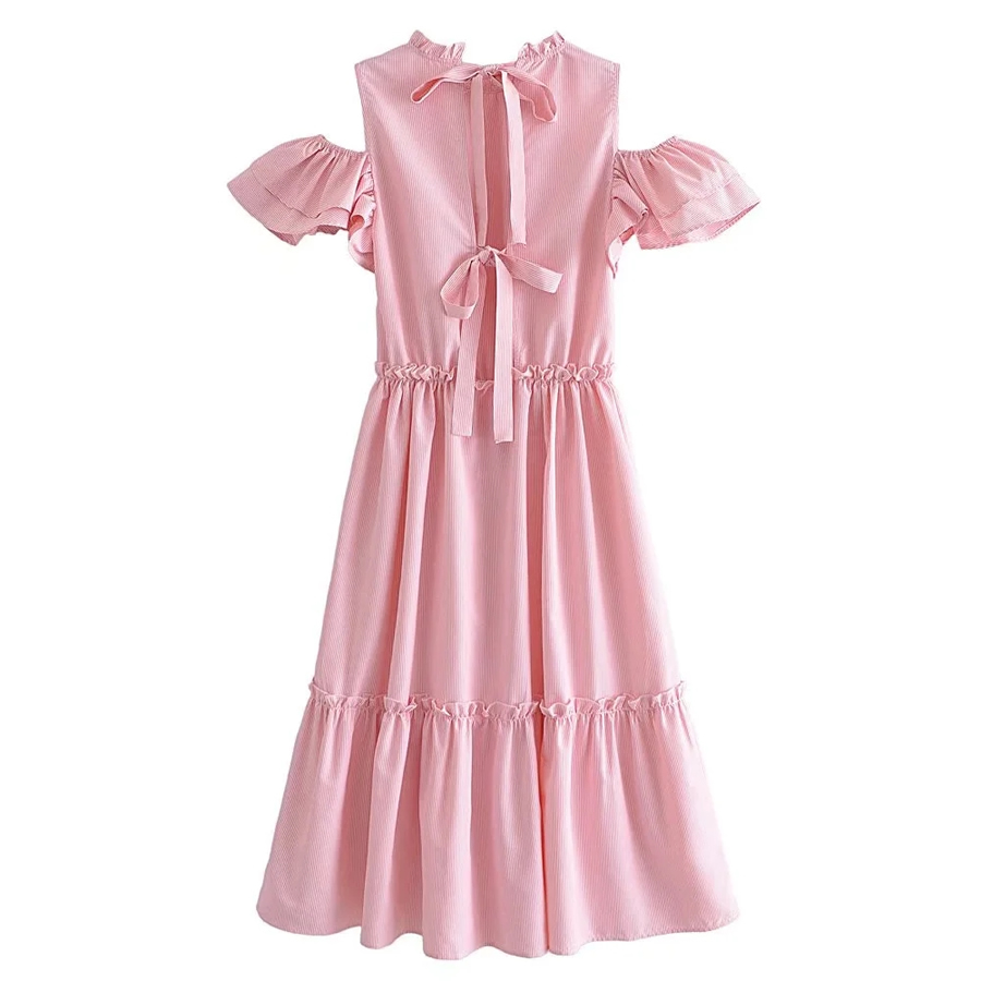 Fashion Pink Stripes Woven Fly-sleeve Off-the-shoulder Swing Dress,Long Dress