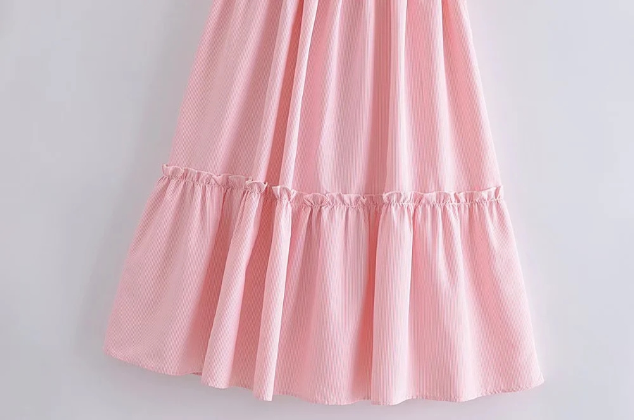 Fashion Pink Stripes Woven Fly-sleeve Off-the-shoulder Swing Dress,Long Dress