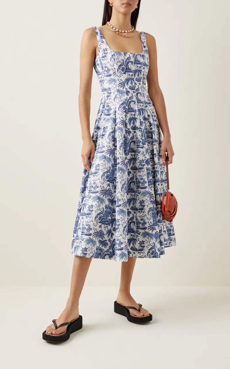Fashion Blue Print Woven Print Slip Dress,Long Dress