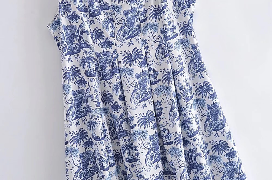 Fashion Blue Print Woven Print Slip Dress,Long Dress