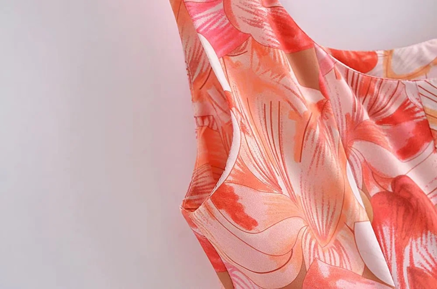 Fashion Orange Flowers Woven Print Pleated Slip Dress,Long Dress