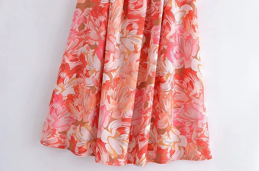 Fashion Orange Flowers Woven Print Pleated Slip Dress,Long Dress