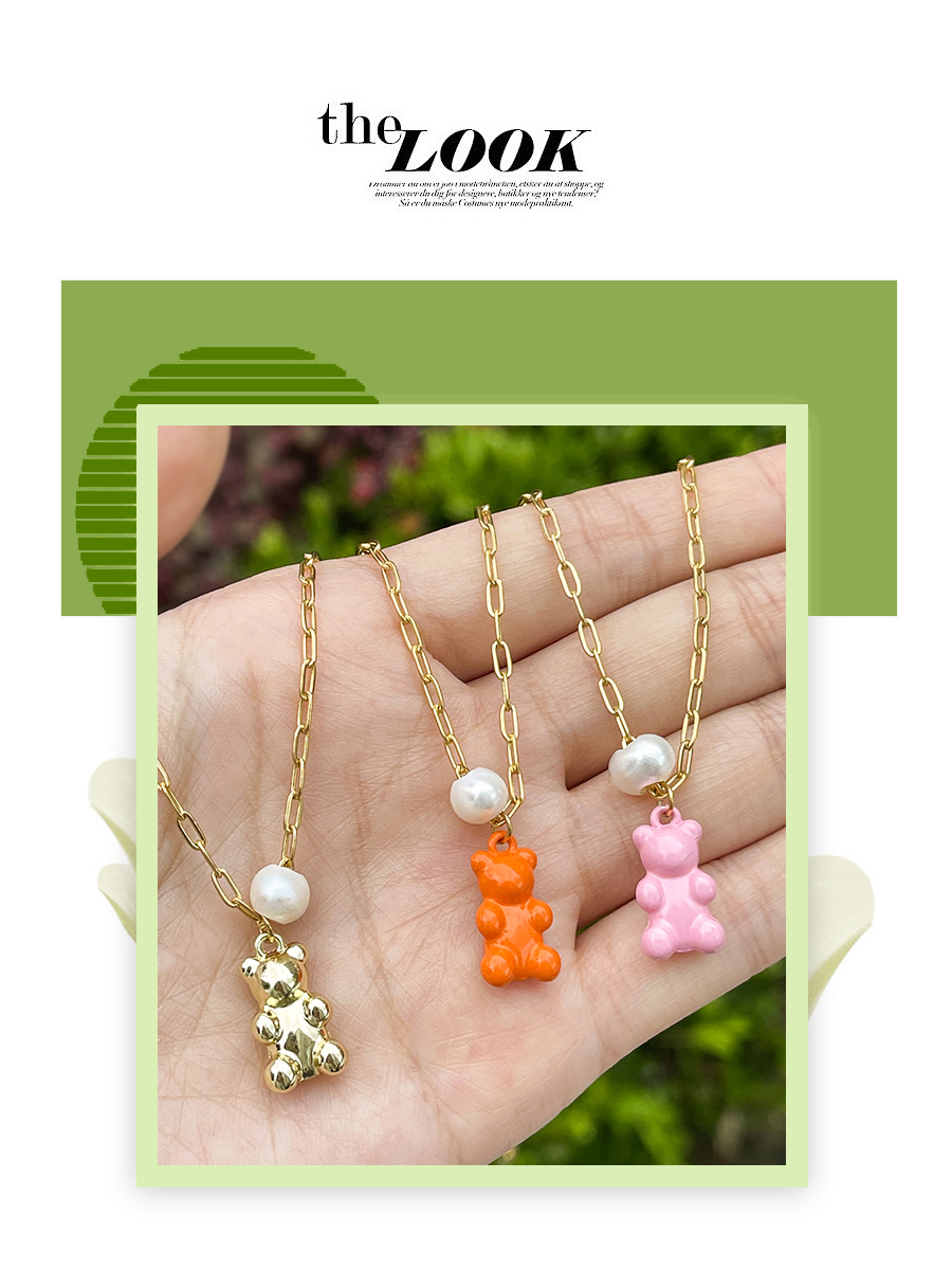 Fashion Pink Pearl Drop Oil Bear Pendant Titanium Steel Necklace,Necklaces