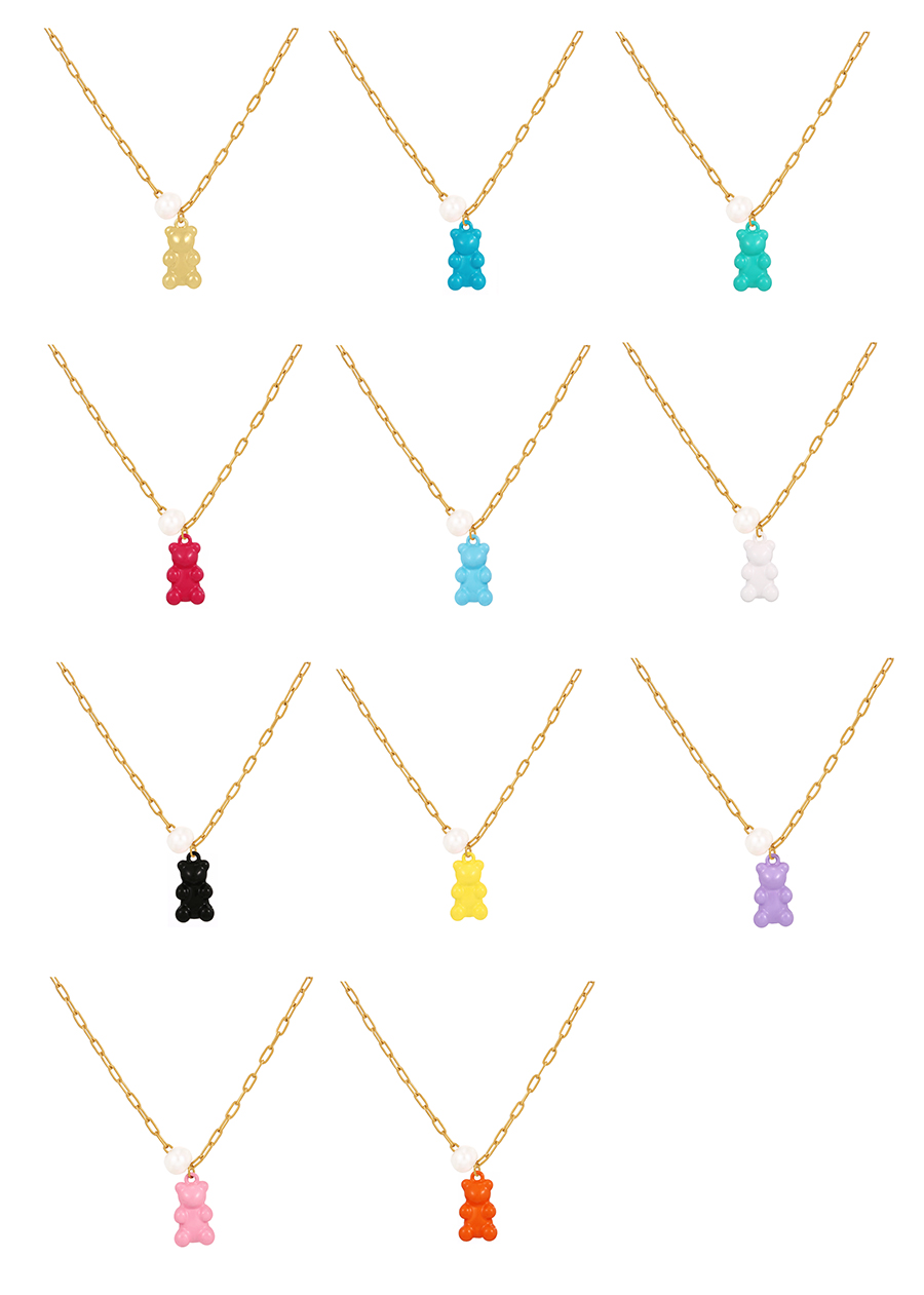 Fashion Yellow Pearl Drop Oil Bear Pendant Titanium Steel Necklace,Necklaces