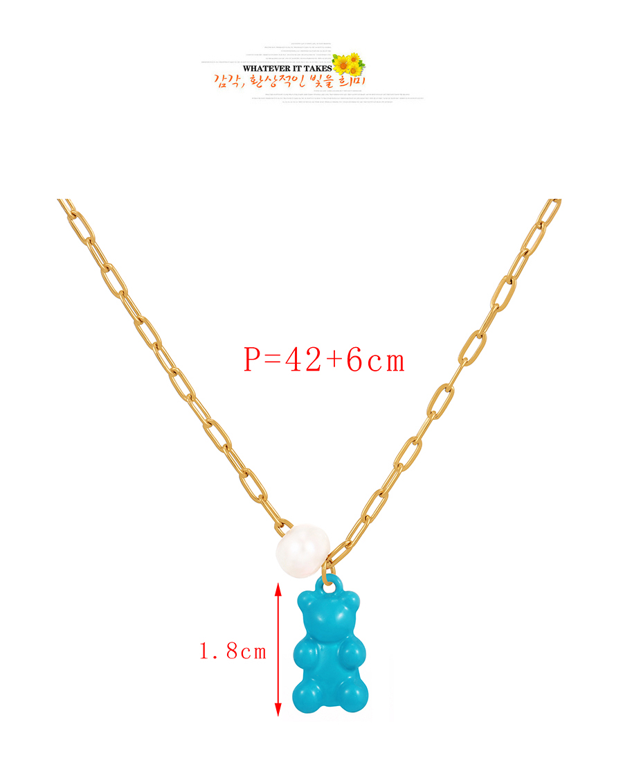 Fashion Light Blue Pearl Drop Oil Bear Pendant Titanium Steel Necklace,Necklaces