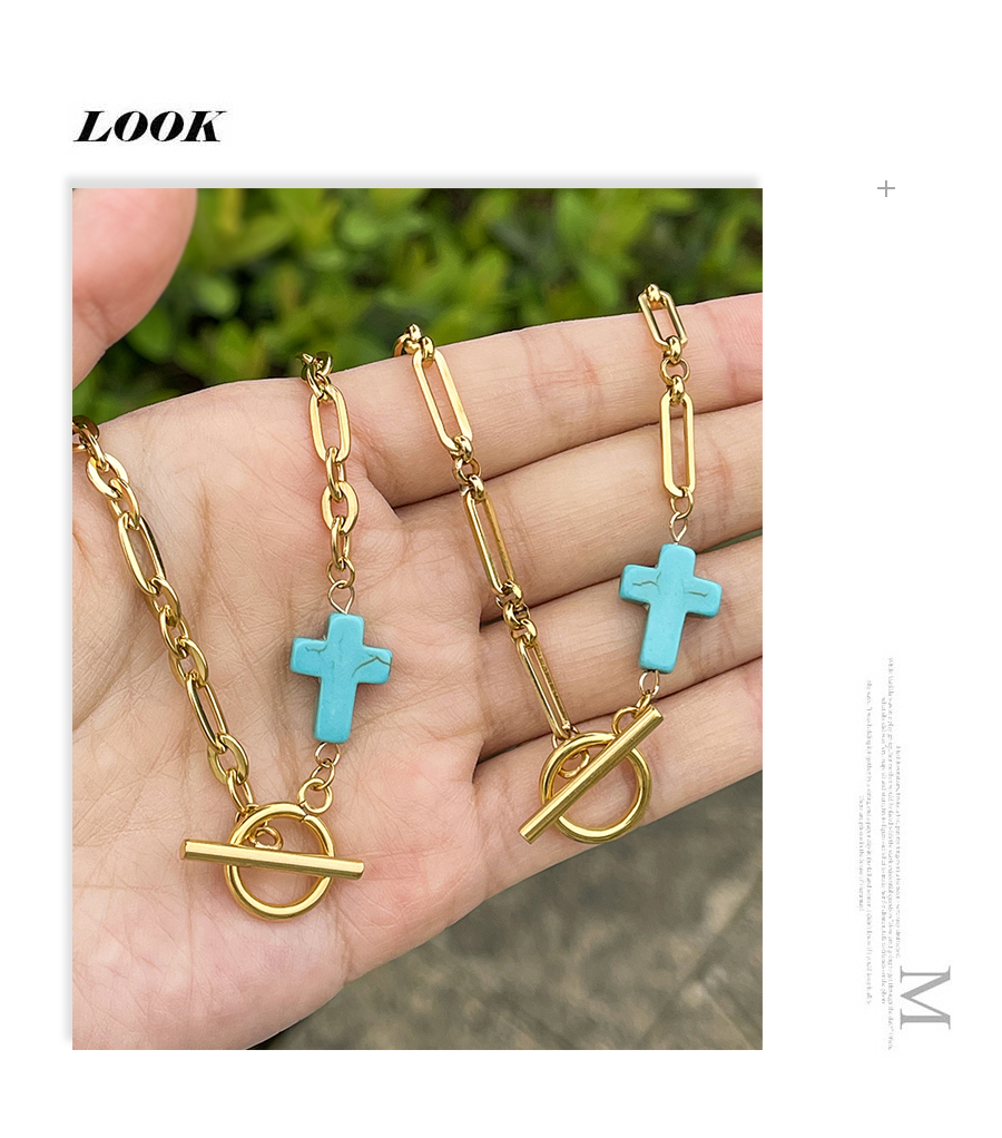 Fashion Lake Green-2 Titanium Steel Thick Chain Ot Buckle Cross Turquoise Necklace,Necklaces