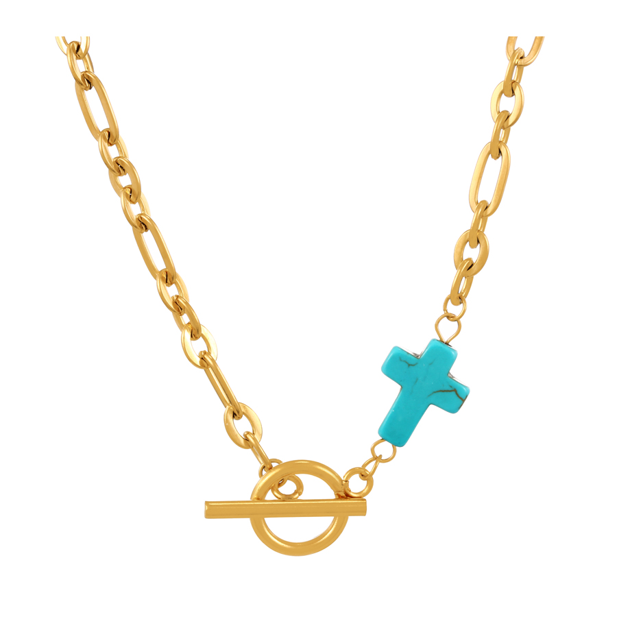 Fashion Lake Green-2 Titanium Steel Thick Chain Ot Buckle Cross Turquoise Necklace,Necklaces