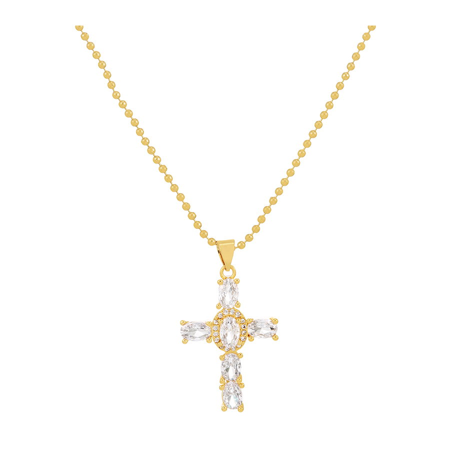 Fashion White Bronze Zirconium Cross Pendant Bead Necklace,Necklaces