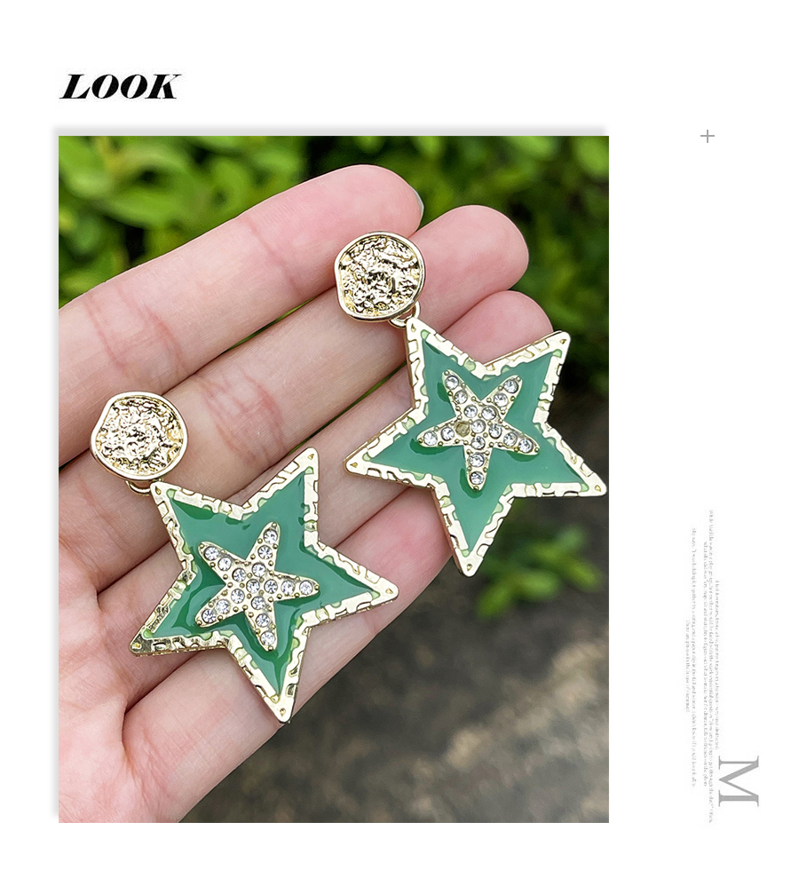 Fashion Light Green Alloy Diamond Resin Pentagram Stud Earrings,Stud Earrings