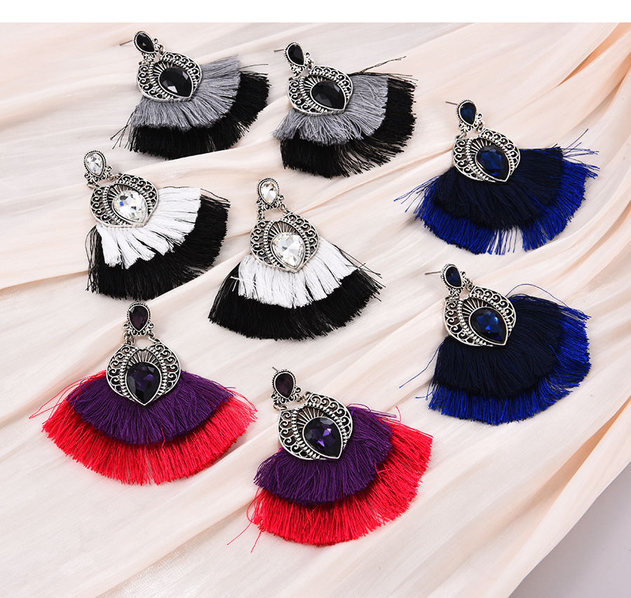 Fashion Navy Blue Alloy Diamond Pattern Waterdrop Tassel Stud Earrings,Stud Earrings