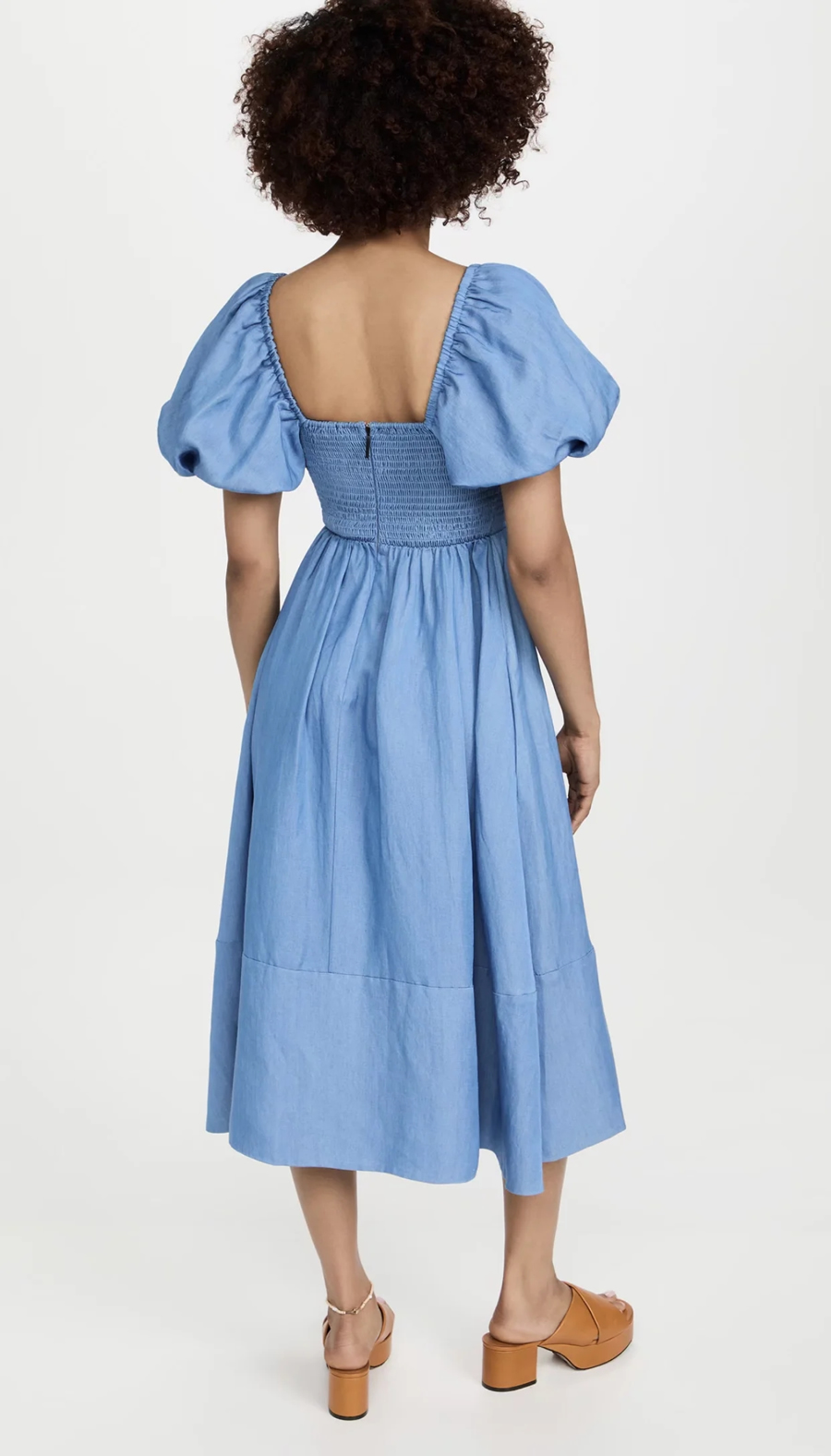 Fashion Light Blue Woven Puff Sleeve Waist Dress,Long Dress