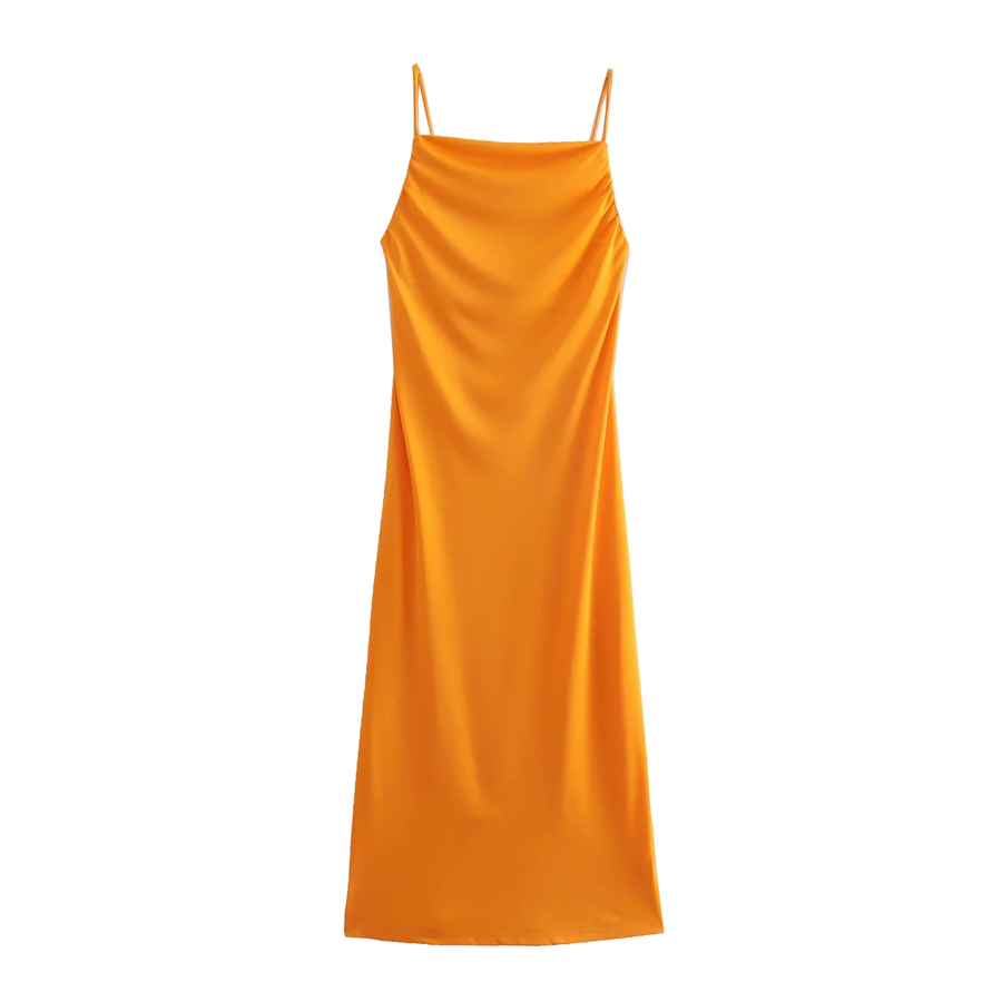 Fashion Orange Woven Pleated Slip-neck Skirt,Long Dress