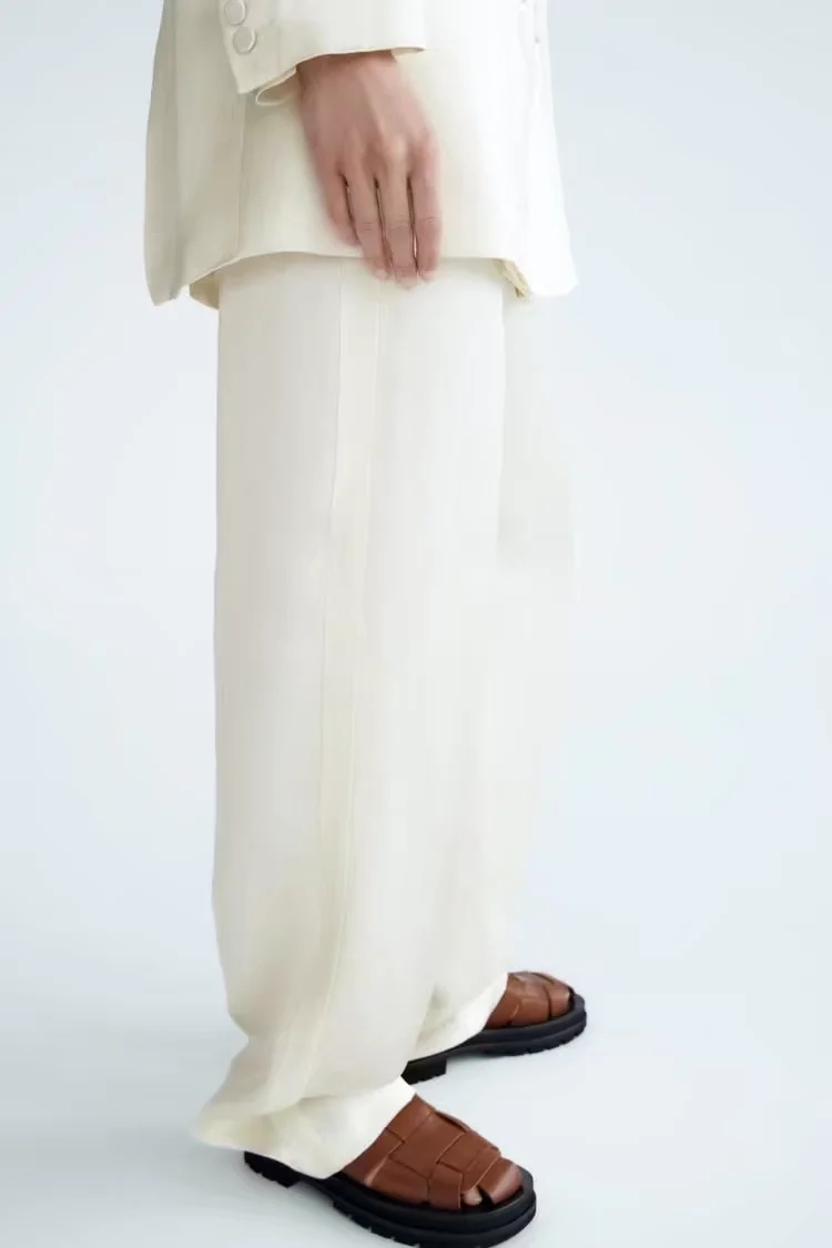 Fashion Off White Woven Geometric Straight-leg Trousers,Pants