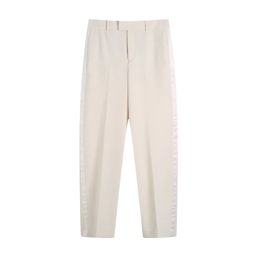 Fashion Off White Woven Geometric Straight-leg Trousers,Pants