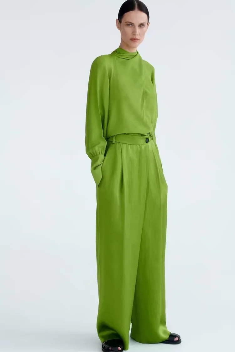 Fashion Green Silk-satin Crinkled Sarong Trousers,Pants