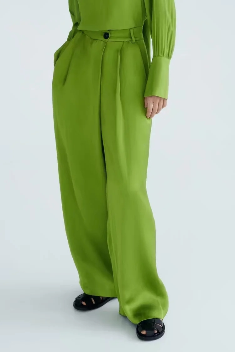 Fashion Green Silk-satin Crinkled Sarong Trousers,Pants