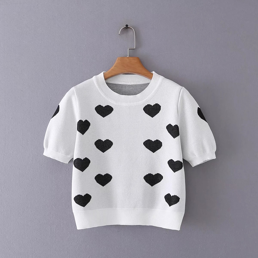 Fashion Pink Heart Print Knit Short Sleeves,Sweater