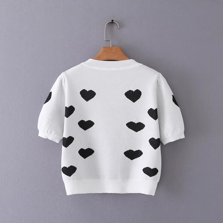 Fashion Pink Heart Print Knit Short Sleeves,Sweater