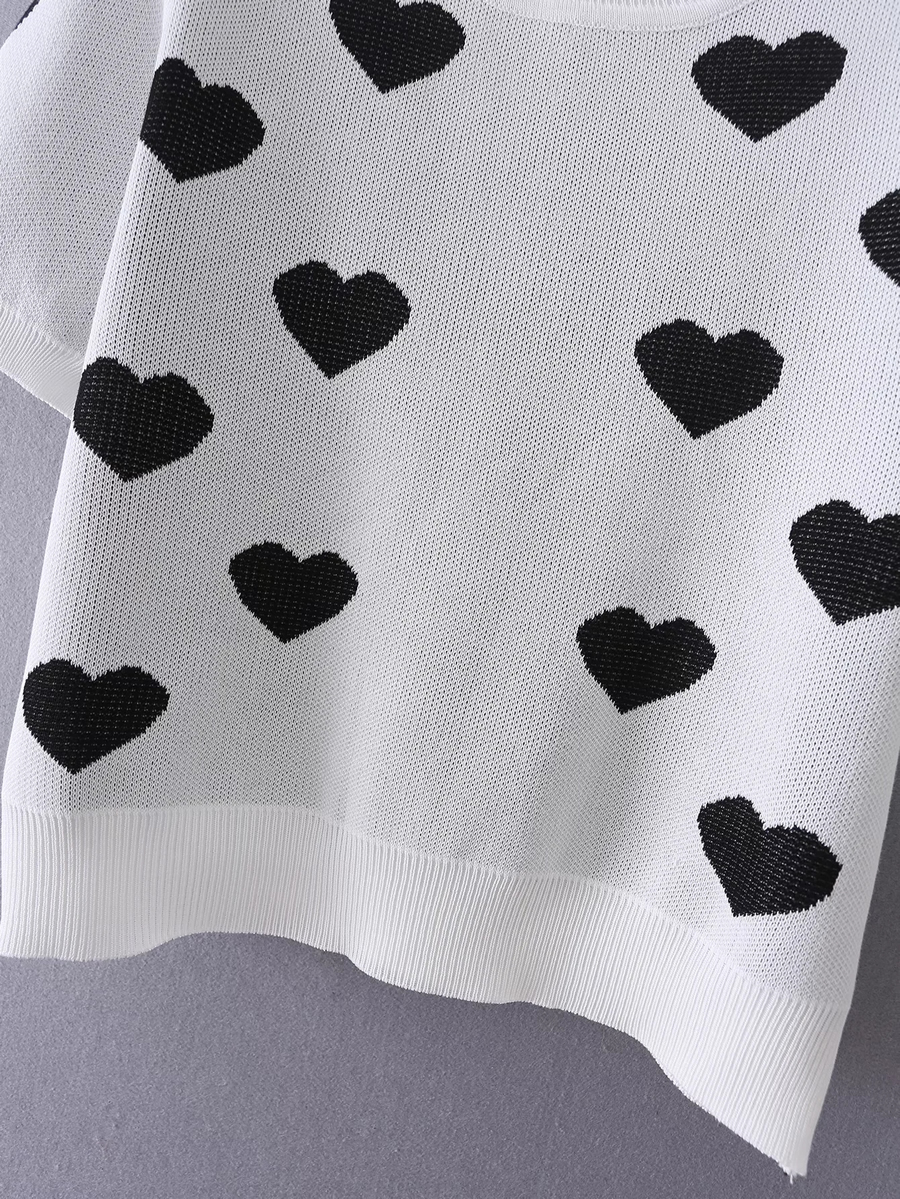Fashion Black Heart Print Knit Short Sleeves,Sweater