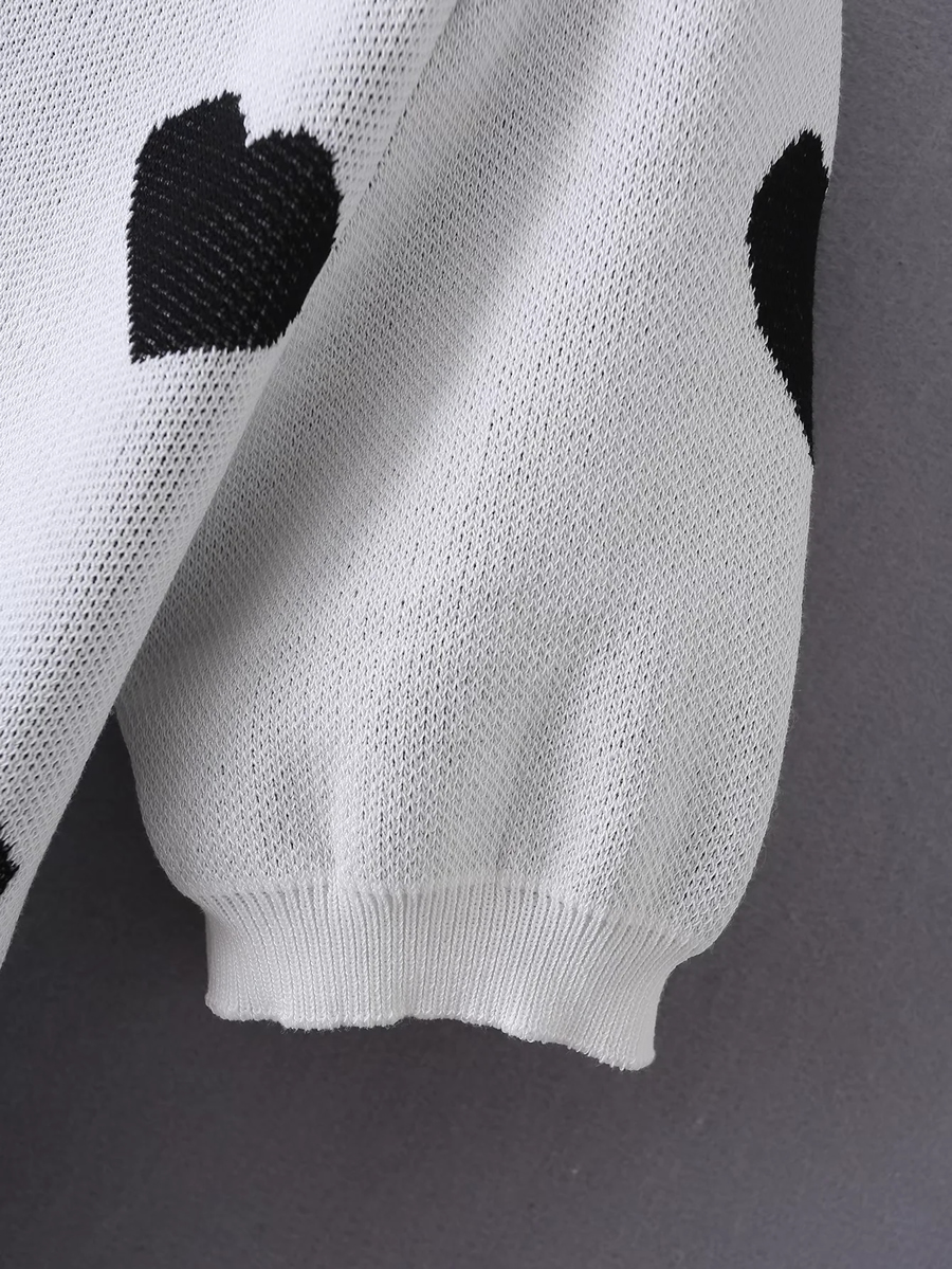 Fashion Black Heart Print Knit Short Sleeves,Sweater