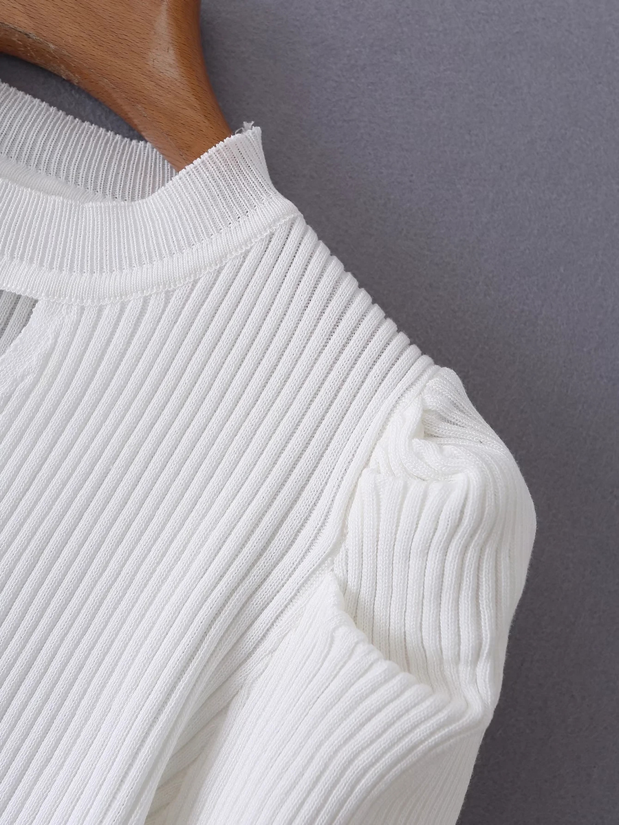 Fashion Khaki Knitted Cutout Short Sleeves,Sweater
