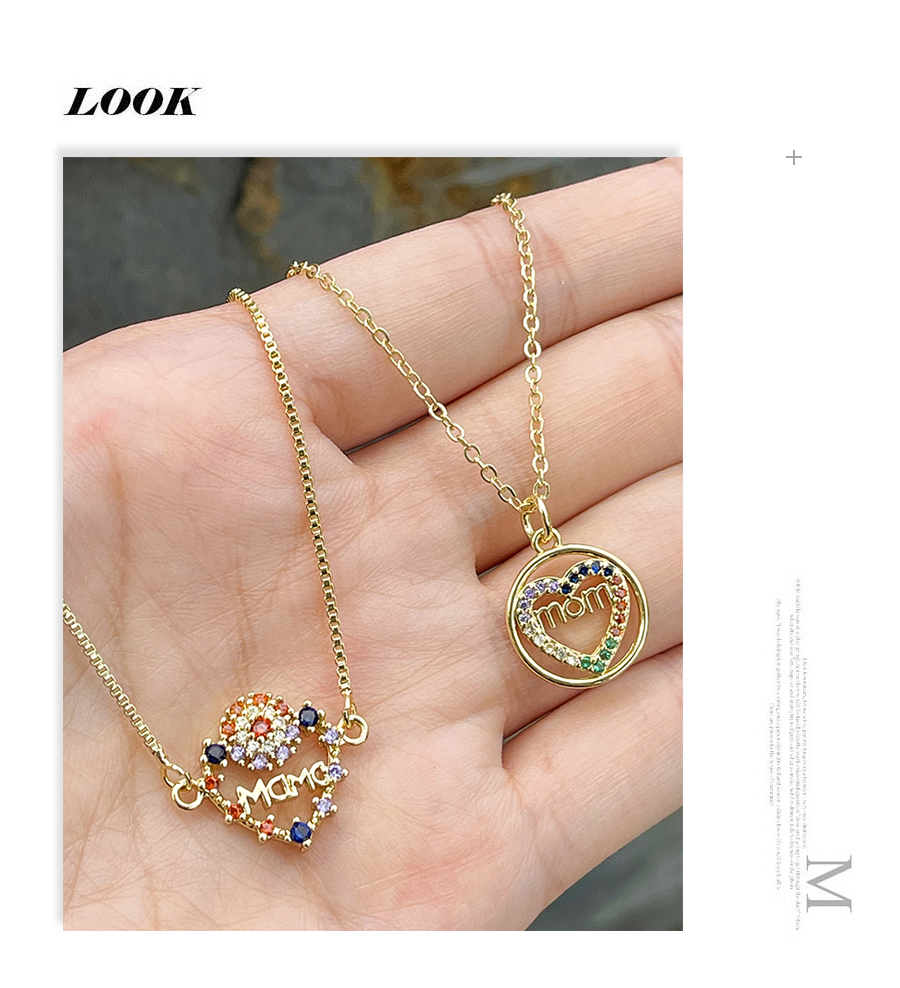 Fashion Color-6 Copper Inlaid Zirconium Letter Mom Heart Necklace,Necklaces