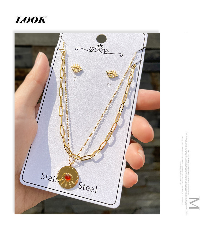 Fashion Gold Titanium Steel Set With Zirconium Eye Double Layer Necklace Set,Jewelry Set