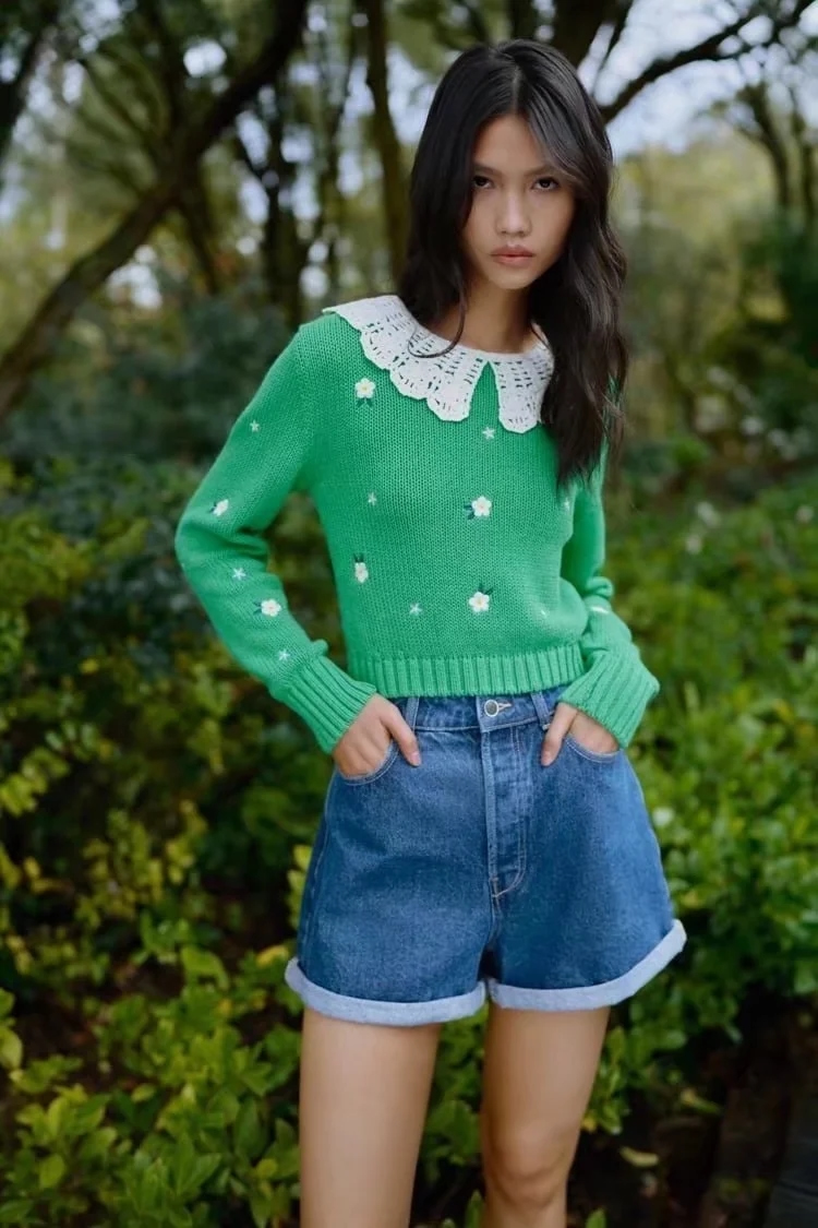 Fashion Green Geometric Knitted Embroidered Sweater,Sweater