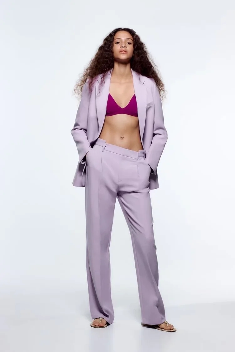 Fashion Light Purple Geometric Micropleated Straight-leg Trousers,Pants