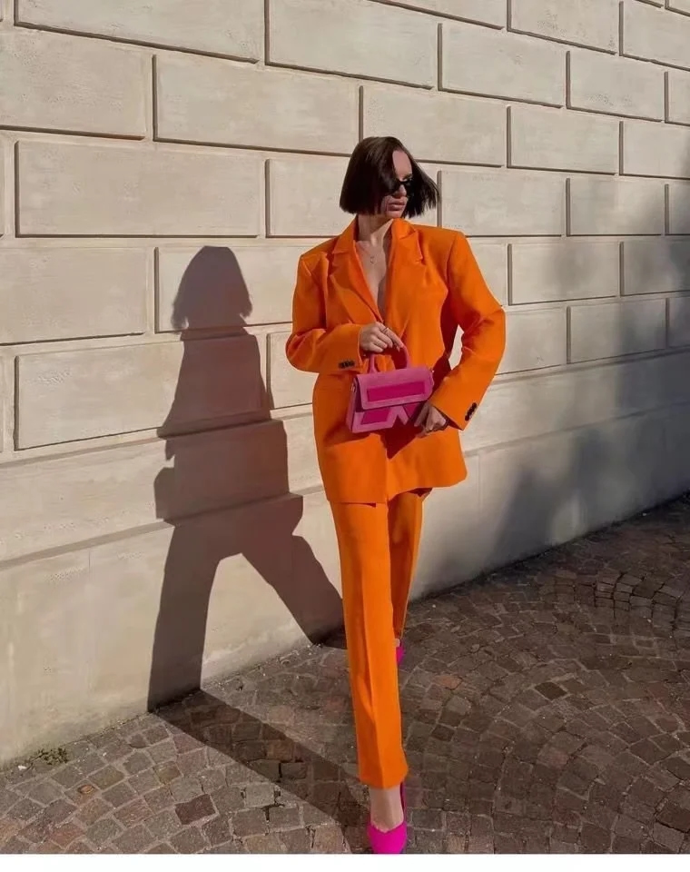 Fashion Orange Pleated Wide-leg Trousers,Pants