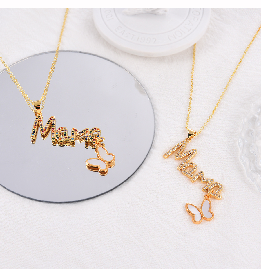 Fashion White Bronze Zircon Alphabet Mama Shell Butterfly Pendant Necklace,Necklaces