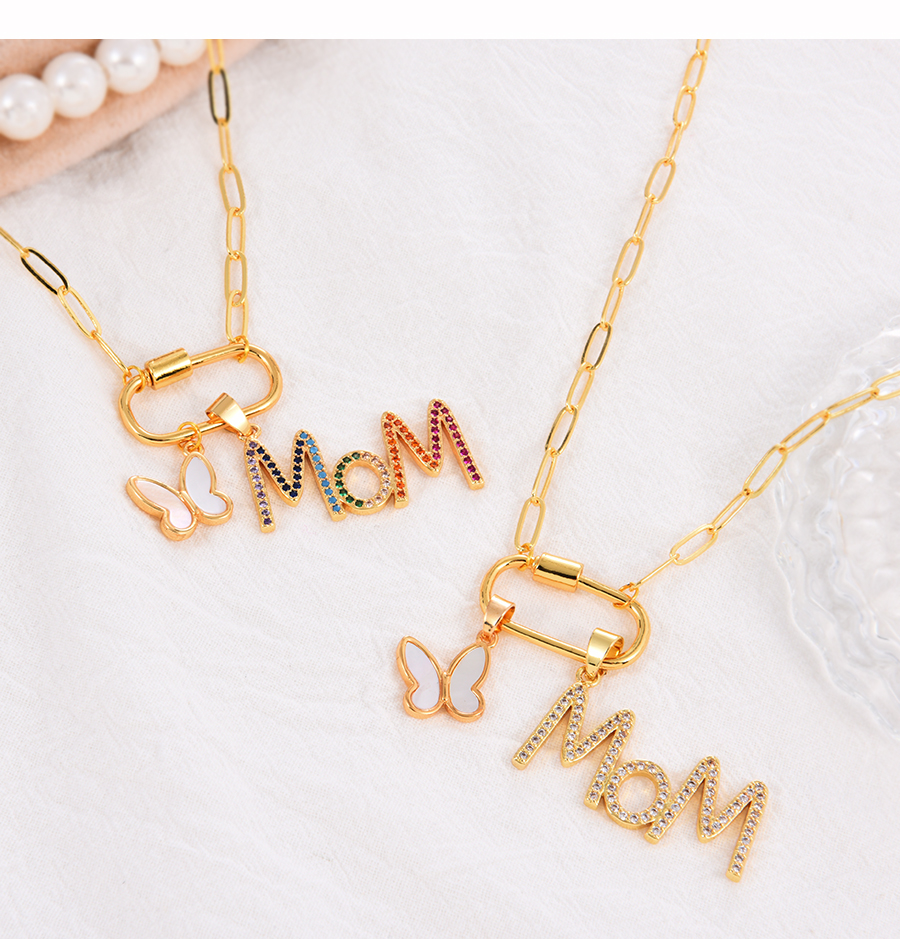 Fashion White Bronze Zircon Alphabet Mom Shell Butterfly Pendant Necklace,Necklaces