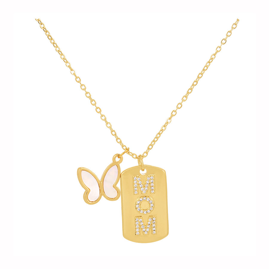 Fashion Gold Mom Shell Butterfly Pendant Necklace In Copper Set With Zircon Square Alphabet,Necklaces