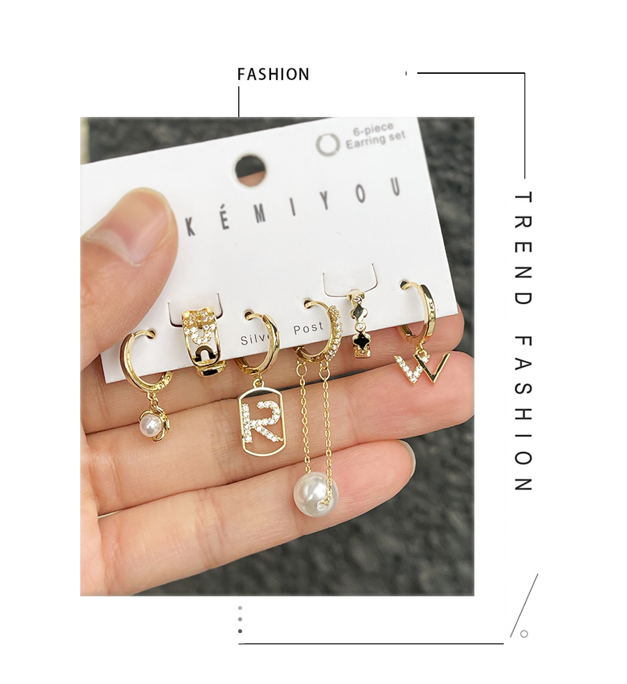 Fashion Gold Set Of 6 Brass Zirconia Alphabet Pearl Chain Pendant Earrings,Earring Set