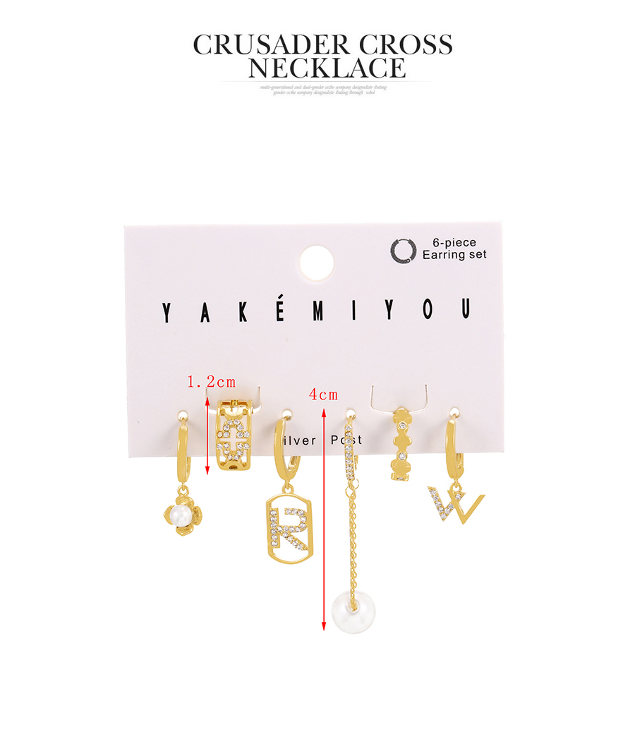 Fashion Gold Set Of 6 Brass Zirconia Alphabet Pearl Chain Pendant Earrings,Earring Set