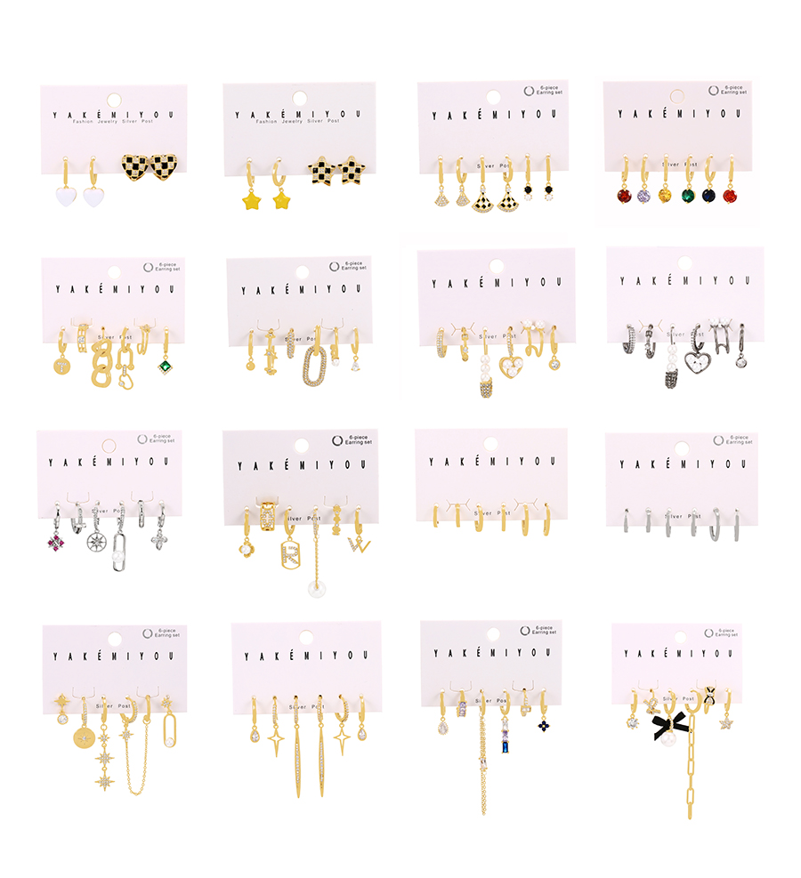 Fashion Gold 6-piece Set Of Bronze Zirconia Bow Pearl Chain Pendant Earrings,Earring Set