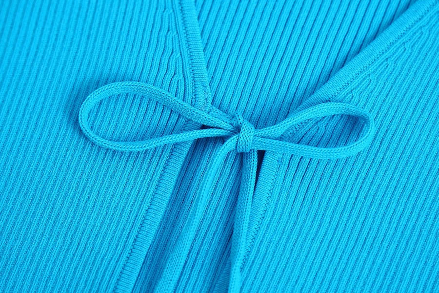 Fashion Lake Blue Ribbed Knit Lace-up Cardigan,Sweater