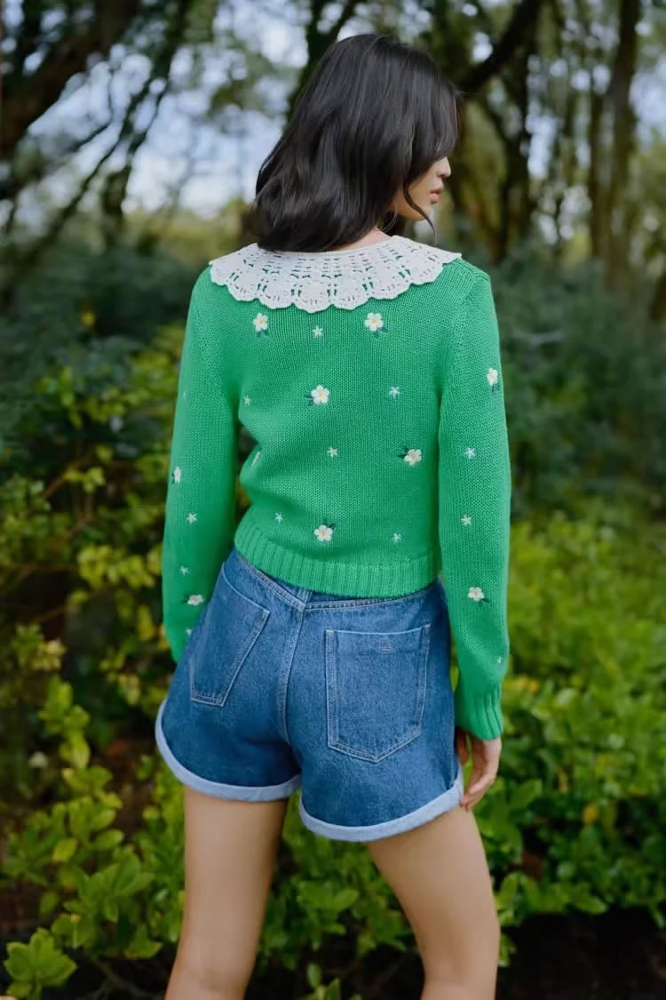 Fashion Green Embroidered Knitted Sweater,Sweater