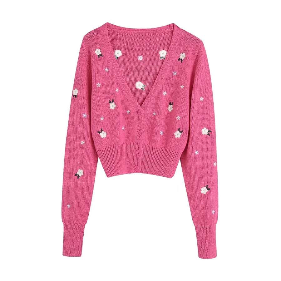 Fashion Rose Red Embroidered Knitted Jacket,Sweater